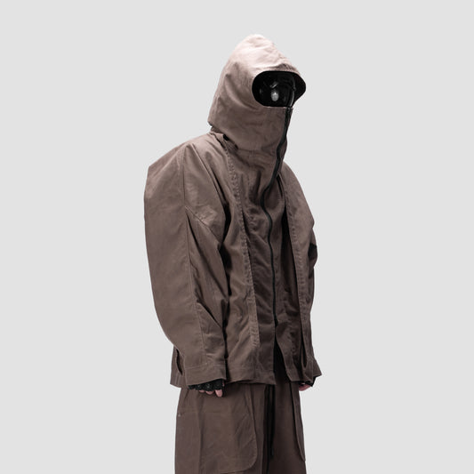 BACK PLEATED HOODED SHIRT - BROWN