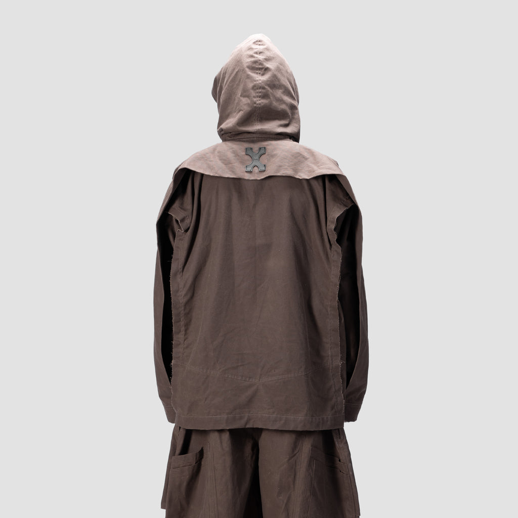 BACK PLEATED HOODED SHIRT - BROWN